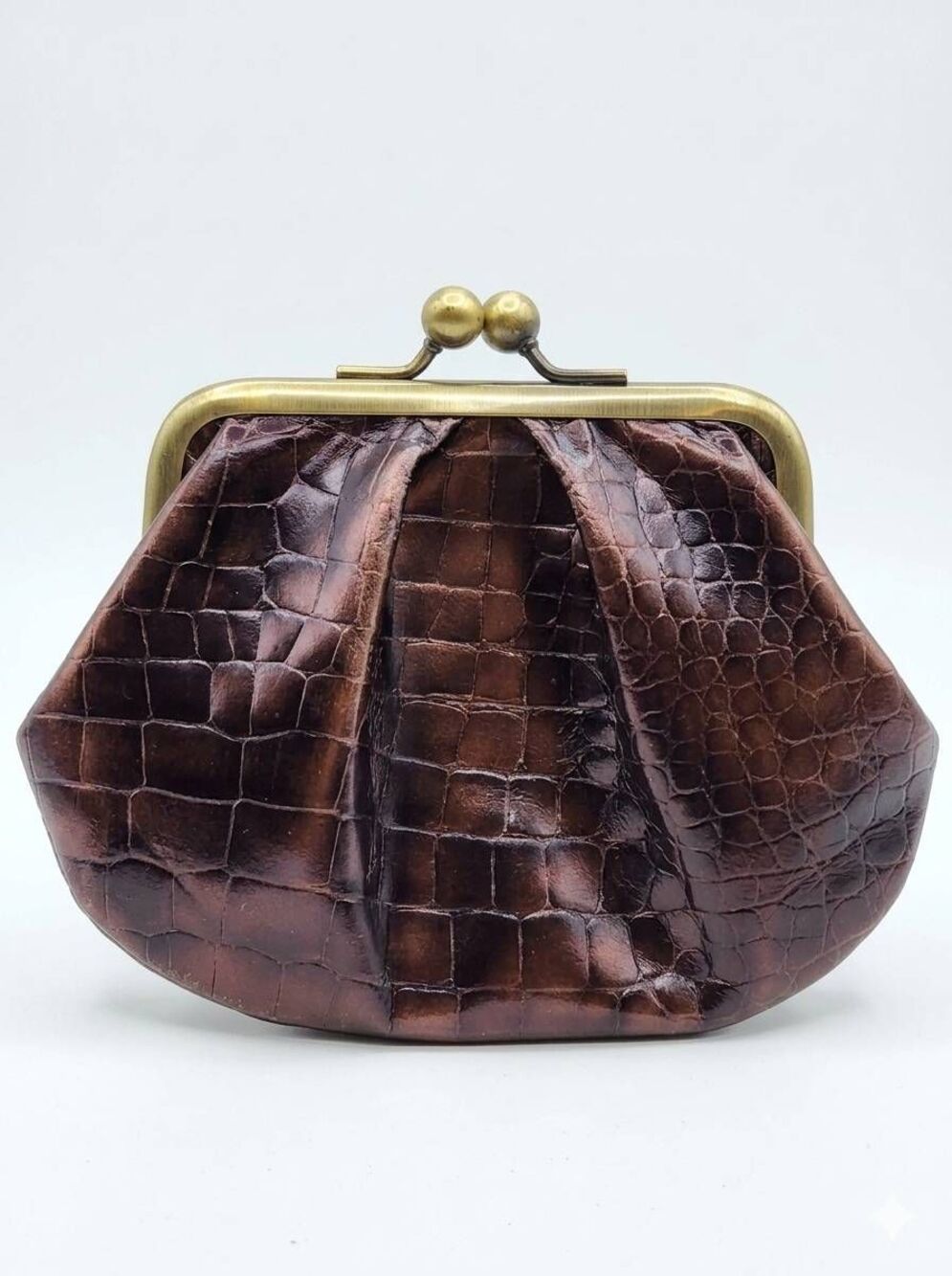 🩵Vintage Aeon Croc Embossed Kiss Lock Coin Purse Wallet Brown